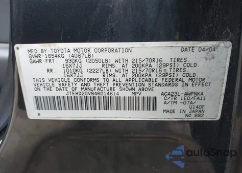 2004 Toyota Rav4 z USA, uszkodzony, nr VIN JTEHD20V846014614